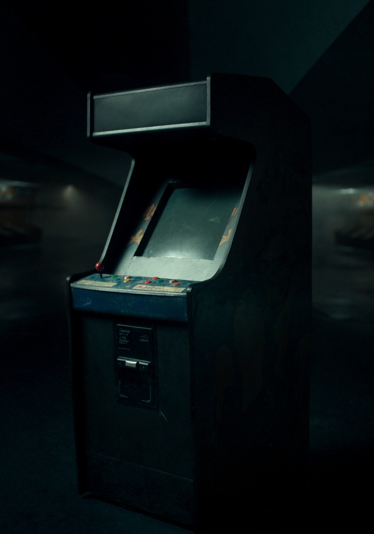 A vintage arcade cabinet standing in a dark arcade hall